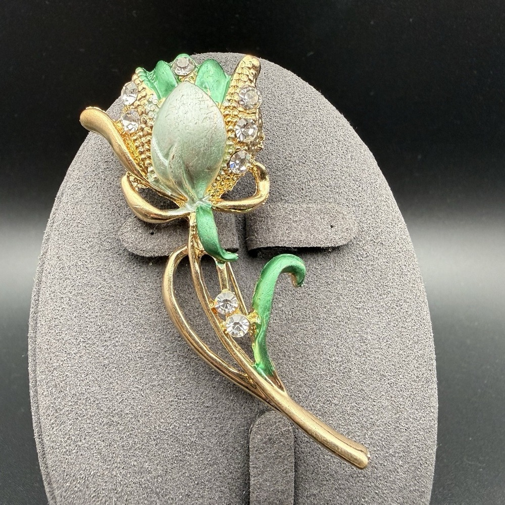 Vintage Green Enamel & Pave' Rhinestone Flower Brooch Gold Tone Floral Spray Pin
